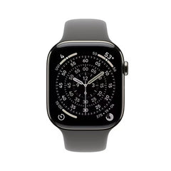 Apple Watch in graphite stainless steel on a grey sport band